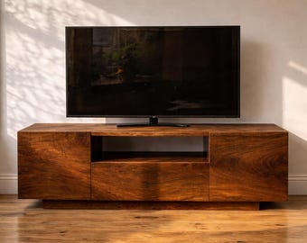 Mueble de TV de lujo hecho a mano en madera de teca, consola multimedia moderna de estilo rústico, unidad de entretenimiento de madera maciza.