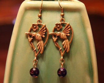 Bronze Earrings, Hummingbird Earrings, Purple Earrings, Long Earrings, Dangle Earrings, Bronze Purple Earrings, Brass Earrings, Vintage