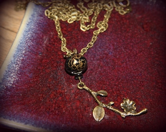 Long Vintage Bronze Necklace, Black Bead Necklace, Simple Bronze Necklace, Antique Style Jewelry, Bronze Pendant, Simple Necklace, Black