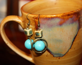 Blue Earrings, Bronze Jewelry Hoops, Vintage Earrings with Ceramic Beads, Blue Dangle Earrings, Hoop Earrings, Turquoise Blue Hoop Earrings