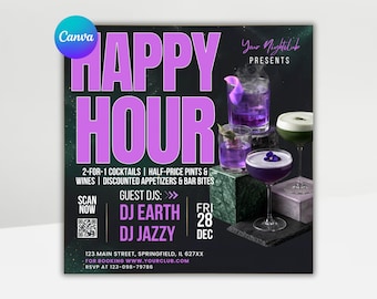 Happy Hour Flyer Template | Nightclub DJ Event Flyer | Bar & Lounge Promotion Poster | Editable Canva Template | Instant Download