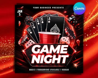 Game Night Party Flyer Canva Editable | Casino Poker Bingo Club Event Social Media Announcement | Instant Digital Download