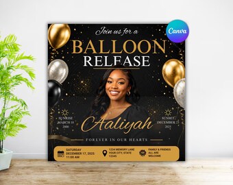 Balloon Release Memorial Flyer Template | Elegant Remembrance Service Invitation | Black Gold Memorial Poster | Editable Canva Template