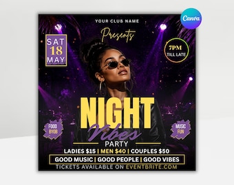 Night Vibes Party Flyer Template | Purple Club Event Flyer | DJ Night Promotion Poster | Instagram Nightlife Promo Poster