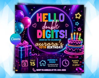 Hello Double Digits 10th Birthday Party Invitation Neon Glow Party Invite Printable Template Peace Out Single Digits Party Invitation