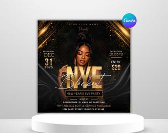 New Year’s Eve Flyer Template | Black Gold Party Invitation | Nightclub Event Flyer | DJ Night Promo Poster | Editable Canva Template