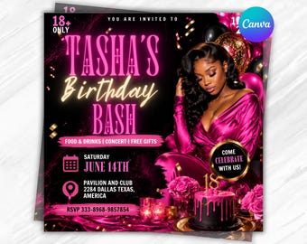Glam Pink Birthday Bash Invitation, Editable Canva Template (Digital Download)
