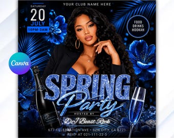 Spring Party Invitation Flyer | Blue Floral DJ Event Promotion (Canva Template)