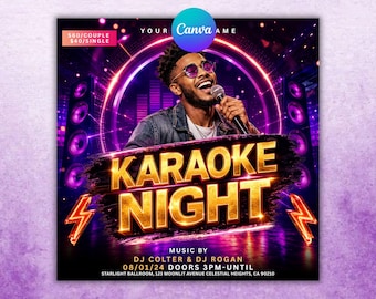 Karaoke Night Flyer Template, Neon Nightclub Party Invite (Canva Editable)