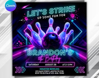 Editable Bowling Birthday Invitation | Neon Glow Strike Party Template (Digital Download)