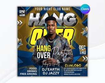 Hangover Party Flyer Template | Nightclub Event Flyer | Urban DJ Promotion Poster | Nightlife Party Invitation | Editable Canva Template