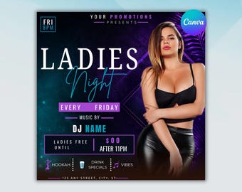 Ladies Night Club Party Flyer Template, Orange Nightclub Event (Digital Download)