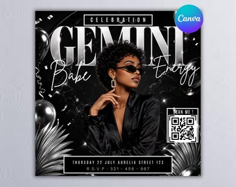 Gemini Birthday Flyer Template | Luxury Zodiac Invitation | Black Silver Party (Digital Download)