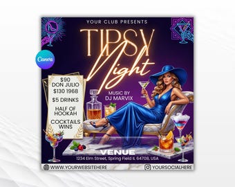 Tipsy Night Party Flyer Template | Neon Lounge Event Flyer | DJ Club Promotion Poster | Nightlife Invitation Poster