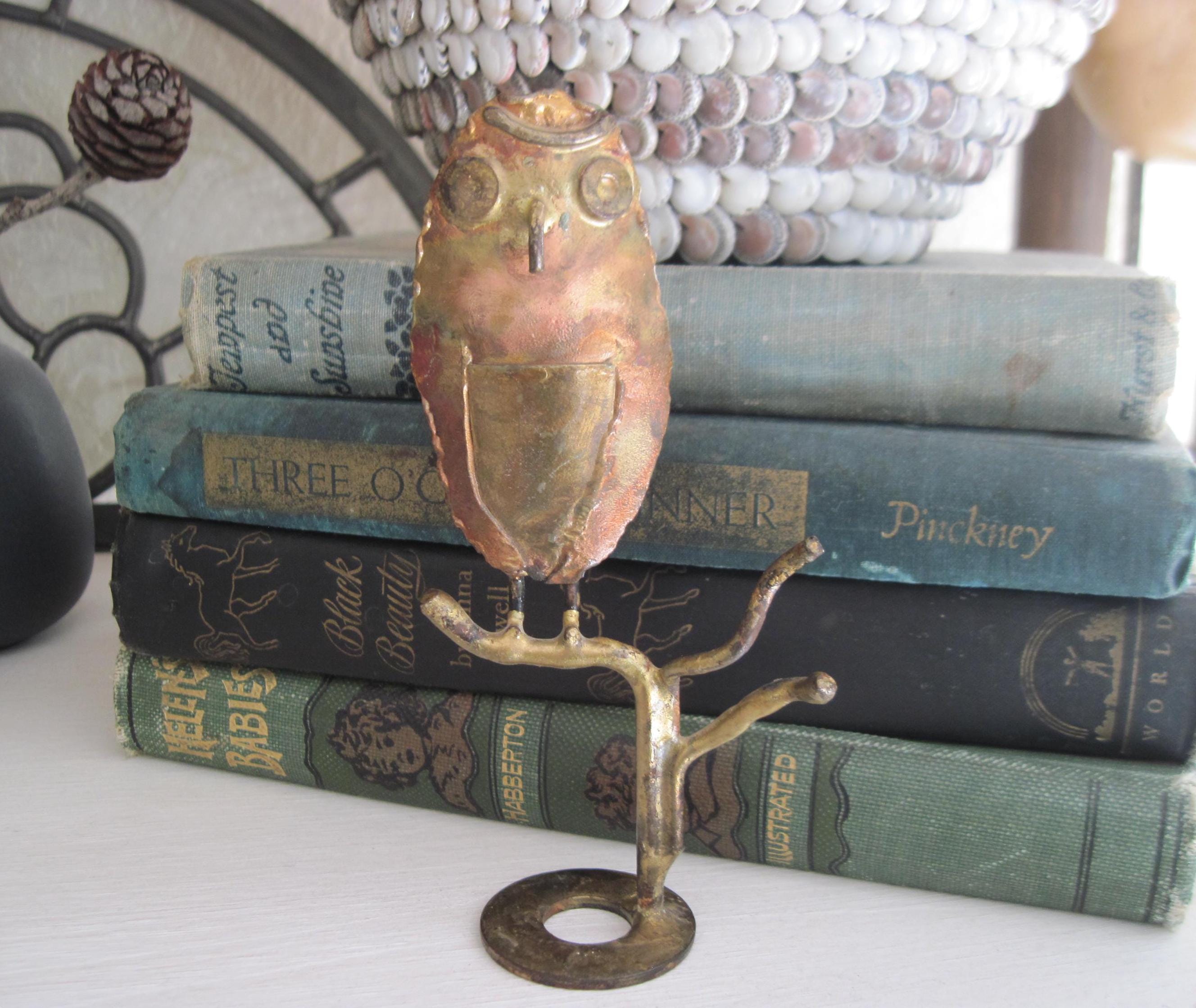Vintage Signed Metal Owl Sculpture