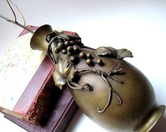 Vintage Brass Vase with Raised Grapes and Leaves