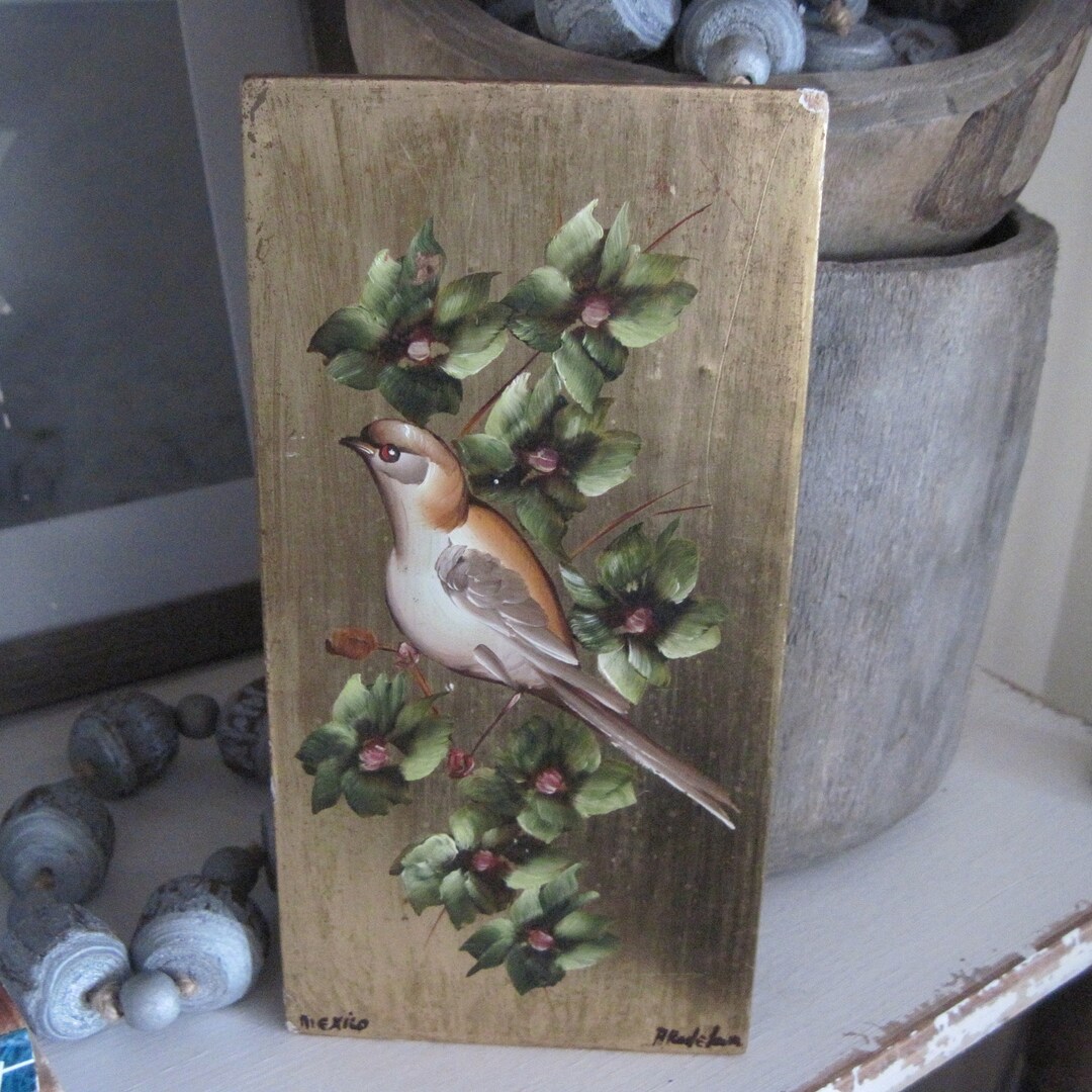 Vintage Signed Folk Art Bird Painting on Wood Etsy