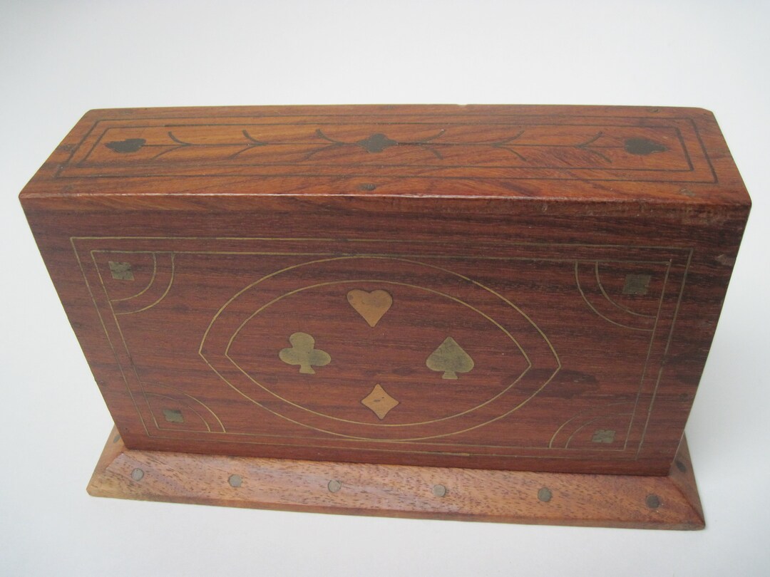 Vintage Wood Playing Card Box With Brass Inlay Etsy
