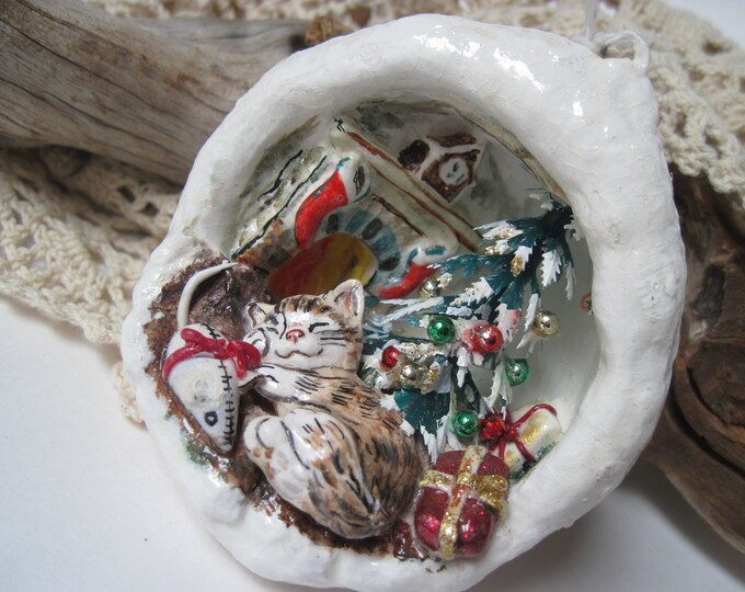 Vintage Jan Zimme Paper Mache Diorama Sleeping Cat Ornament Etsy