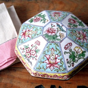 Vintage Canton Cloisonne Enamel on Copper Octagon Shaped Box