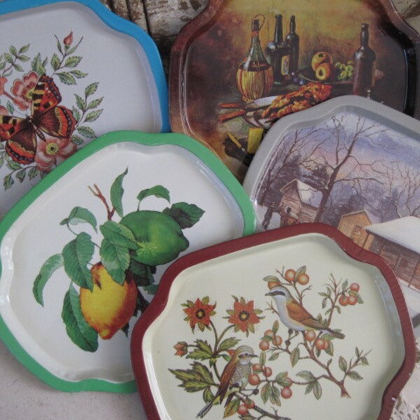 Vintage Set of Tin Trays Including Bird, Lemon and Butterfly