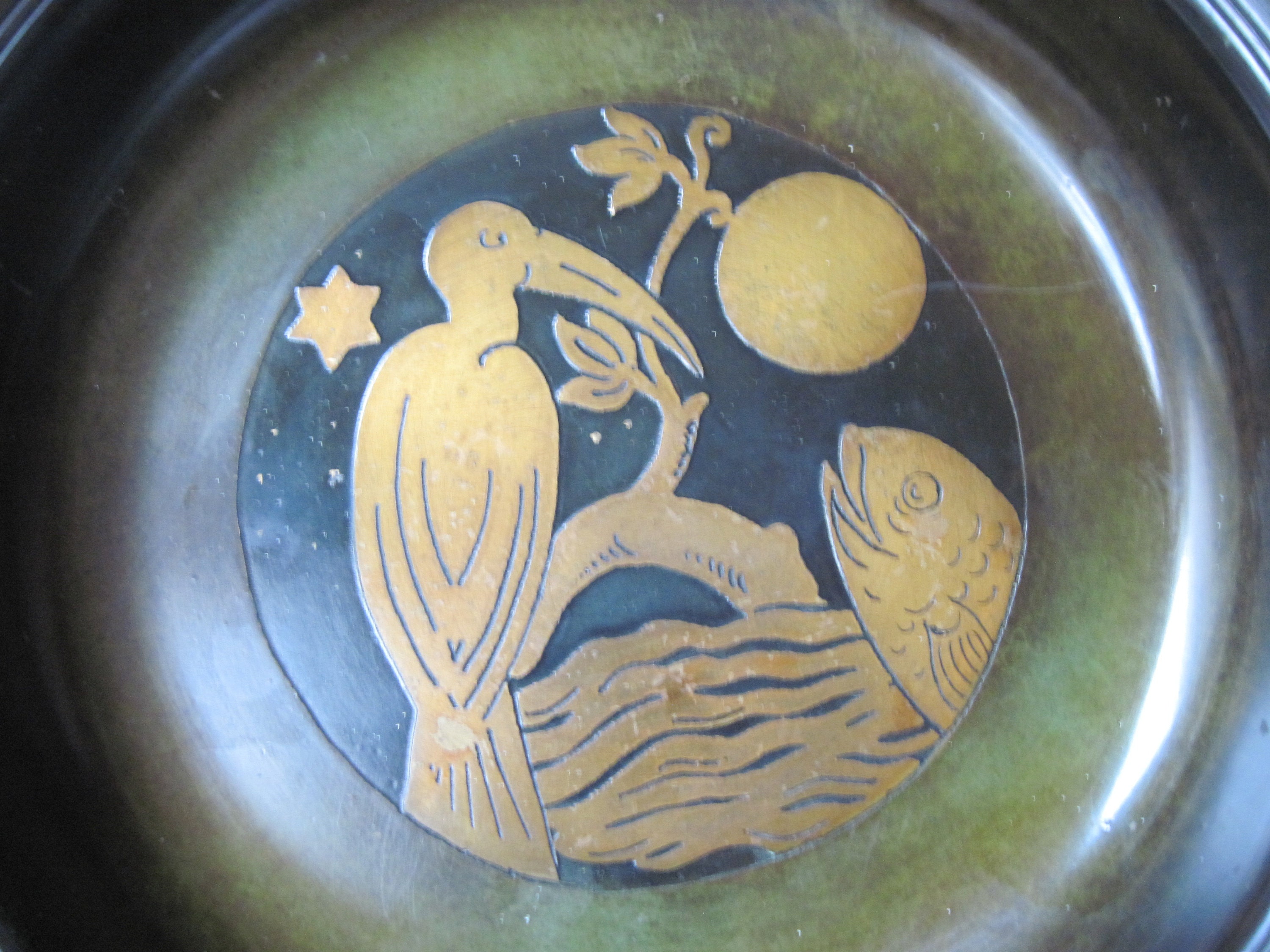 Vintage Just Art Deco Bronze Relief Bird Bowl -