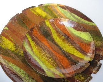 Vintage Prima Yellow, Orange and Brown Enamel on Copper Ashtrays