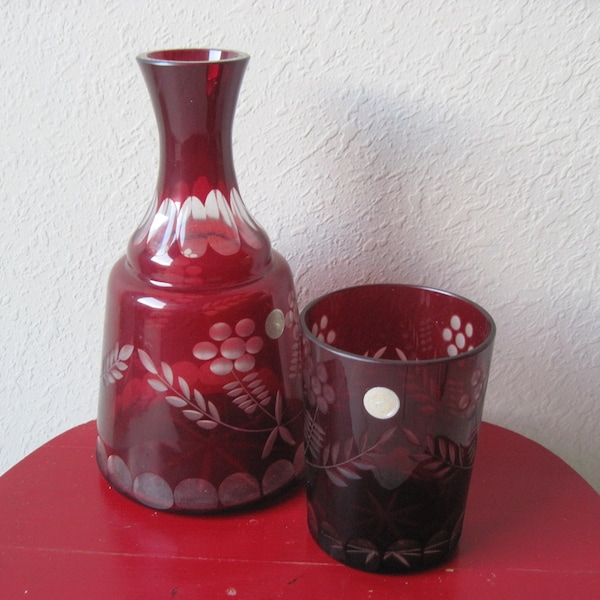 Vintage Romanian Ruby Red Cut To Clear Glass Bedside Carafe Set