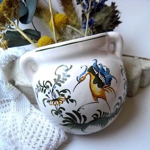 Vintage Moustiers French Wall Pocket Vase: White Ceramic with Traditional Bird and Floral Motif