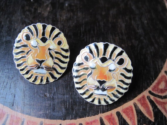 Vintage Enamel on Sterling Tiger Post Earrings - image 5