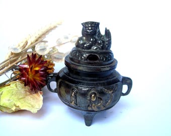 Vintage Bronze Asian Censer Incense Burner Lidded Foo Dog