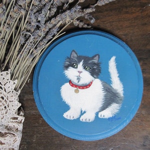 Vintage Round Painting of Black and White Cat on Wood