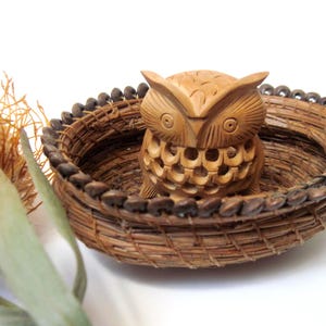 May include: A carved wooden owl figurine sits inside a small, woven basket. The owl is light brown with detailed features. The basket is oval-shaped with a dark brown border. Dried plant life is visible in the background.