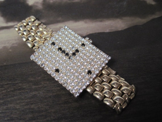 Vintage Rhinestone Faux Watch Face Bracelet - image 1