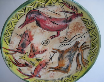 Vintage Decorative Signed Pottery Plate with Native Animals 1997