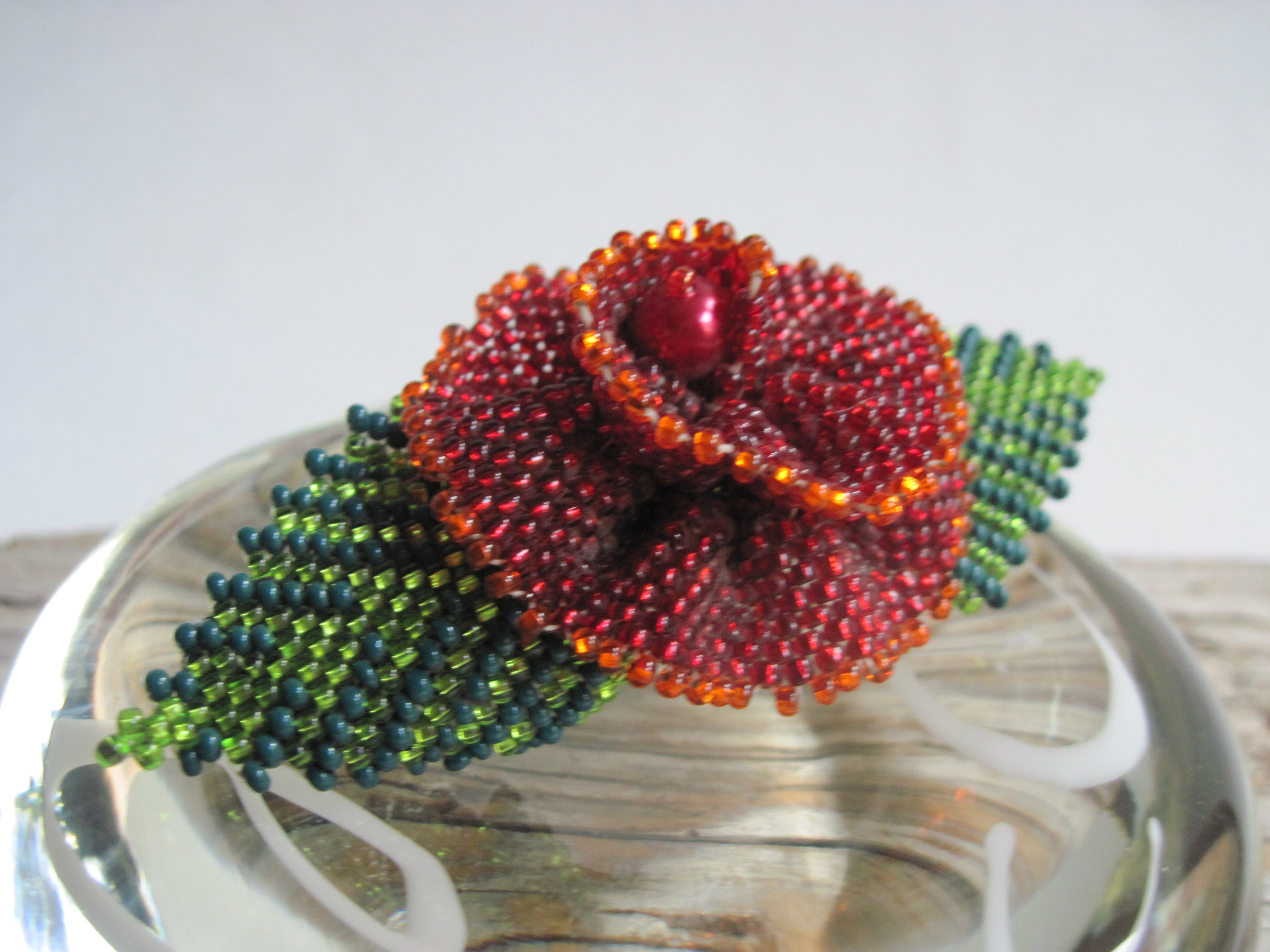 Gorgeous Vintage Beaded Barrette-Seed Beads-Red/Green/White-Leather Backing Vintage Seed Beaded Red Flower and Green Leaves Hair  main image 2