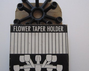 Vintage Boxed Black Flower or Spider Taper Candle Holder From La Cresta