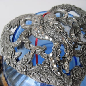 Vintage Rawcliffe Pewter Lidded Blue Glass Potpourri Jar and Bird Ornament