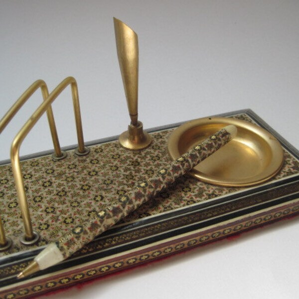 Vintage Painted Wood Desktop Organizer With Bill Slot, Dish and Pen Holder