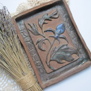 Vintage Clay Pottery Art Tile Wall Hanging with Flower