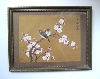 Vintage Framed Asian Bird Painting on Silk