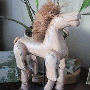 Vintage Rustic Painted Wood Horse on Stand
