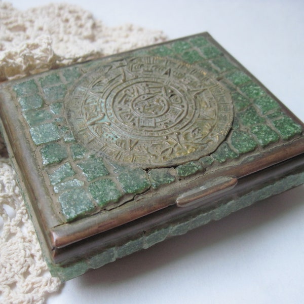 Vintage Brass Mosaic Stone Aztec Calendar Cigarette Box Mexico