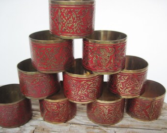 Vintage Set of 10 Brass Red Enamel Siam Thai Napkin Rings