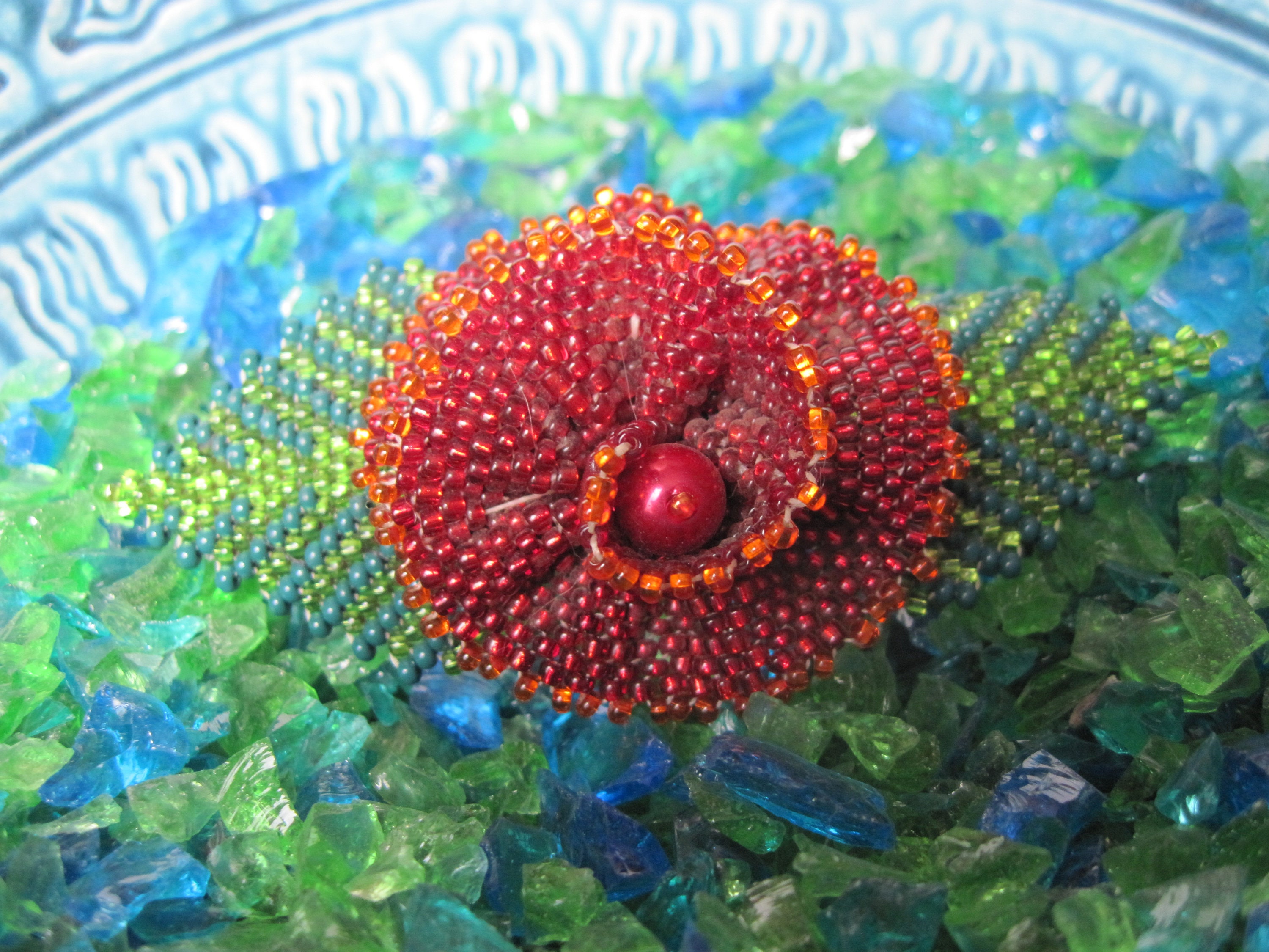 Vintage Seed Beaded Red Flower and Green Leaves Hair 