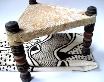 Vintage African 3-Legged Stool with Animal Hide