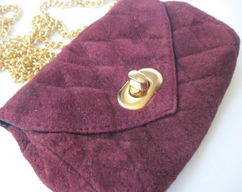 Vintage Nordstrom Small Quilted Burgundy Suede Bag With Gold Chain