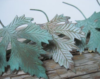 Vintage Set of 7  Verdigris Leaves Napkin Rings