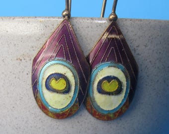 Vintage Shashi Enamel on Sterling Peacock Feather Earrings