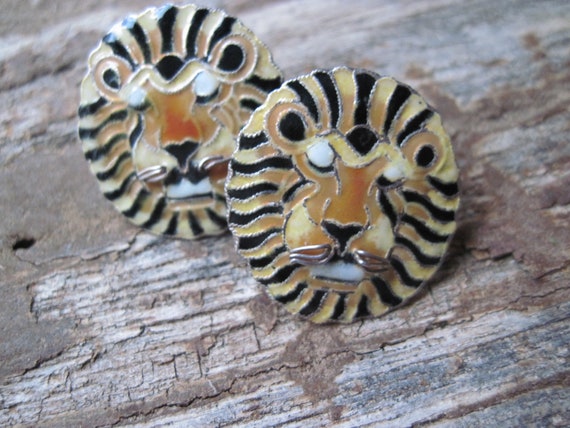 Vintage Enamel on Sterling Tiger Post Earrings - image 4